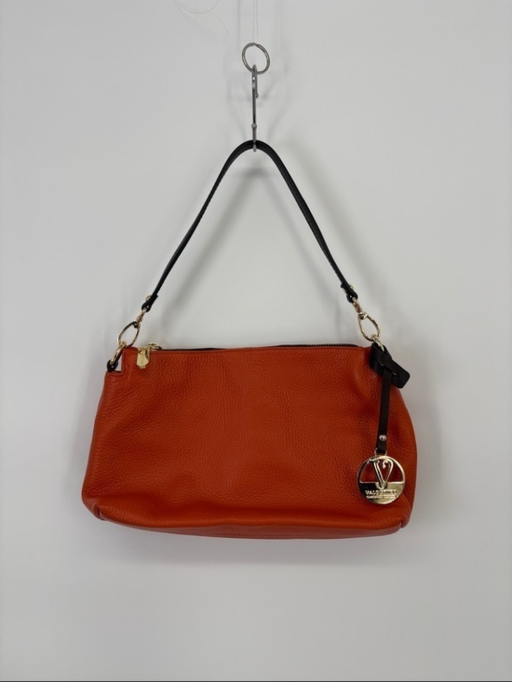 👜 Valentina Orange Pebbled Leather Shoulder Bag with Brown Strap and Gold Charm